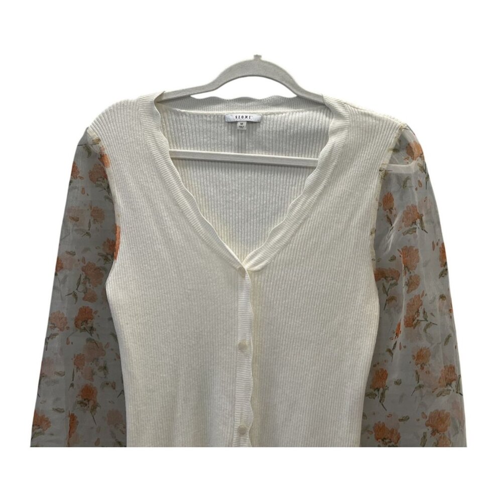 Sioni Womens Medium White Cardigan With Sheer Floral Sleeves Feminine Buttons GU - Picture 3 of 7